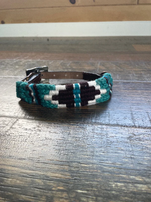 Corded Leather Dog Collar - Teal/White