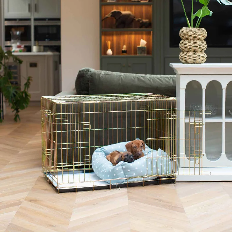 Gold Dog Crate with Cosy & Calming Puppy Crate Bed in Duck Egg Spot by Lords & Labradors