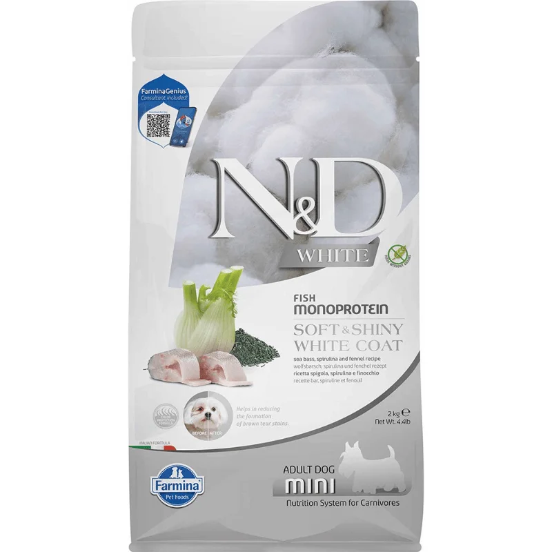 Dry Dog Food - N & D - WHITE - Soft & Shiny White Coat - Fish Monoprotein - Adult Mini - 4.4 lb