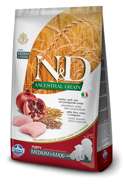 Farmina N&D Natural & Delicious Ancestral Grain Medium & Maxi Puppy Chicken & Pomegranate Dry Dog Food