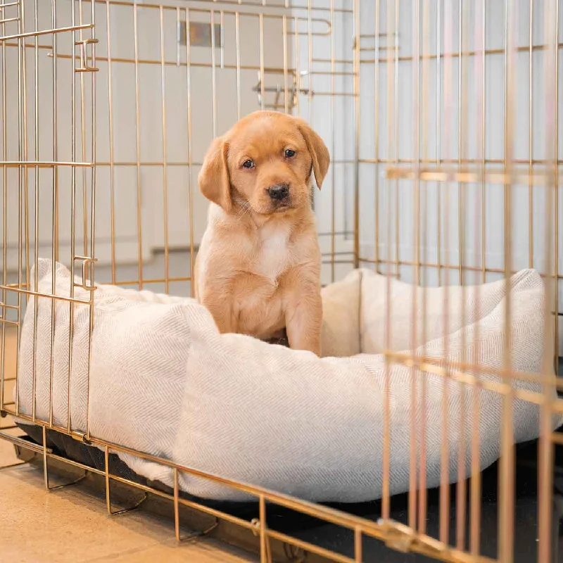 Gold Dog Crate with Cosy & Calming Puppy Crate Bed in Natural Herringbone by Lords & Labradors