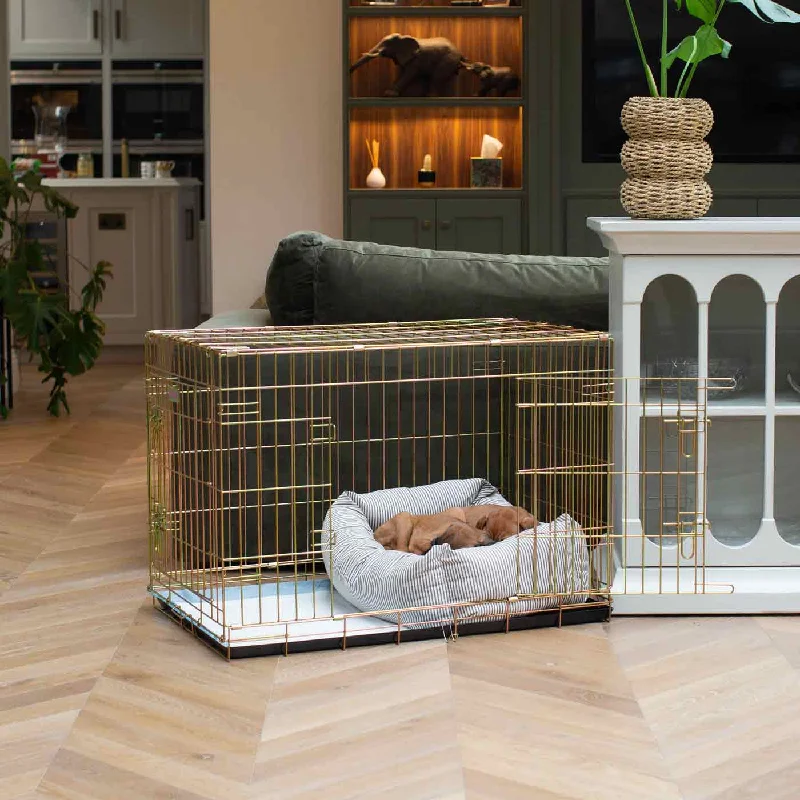 Gold Dog Crate with Cosy & Calming Puppy Crate Bed in Regency Stripe by Lords & Labradors