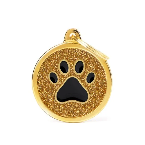 Shine Big Circle Gold Glitter Black Paw ID Tag