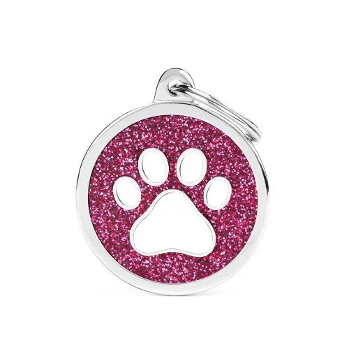 Shine Big Circle Pink Glitter White Paw ID Tag